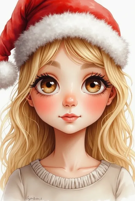 vu de prêt sur le visage denfant fille blonde, brown eyes, From the front with Christmas hat  , realistic watercolor style