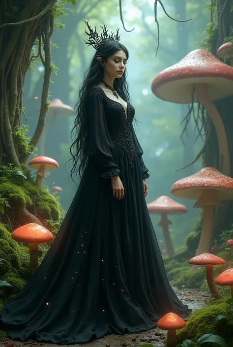 A mushroom queen in a black dress