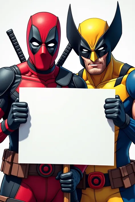 Deadpool and Wolverine that they are holding a white sign and that they are both looking forward, I only want half a body
