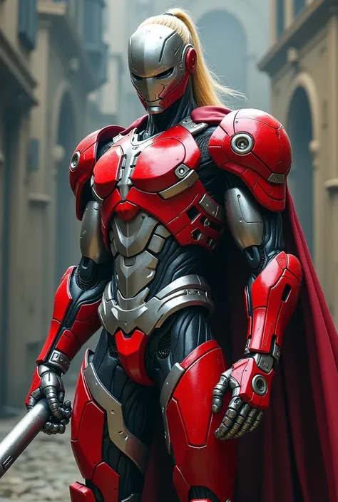 Supervillain robot man ,  silver metal head  ,   with blond hair tied in a ponytail ,   heavy red armor with white details  ,  with a thick silver metallic whip sticking out of the palm of his hand,  full body view 