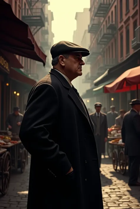 Vito Corleone Observing the Neighborhood
A narrow street in 1910s Little Italy with bustling market stalls and old tenement buildings. A young man in a flat cap, quietly thoughtful, watches from the shadows, symbolizing ambition and determination.
