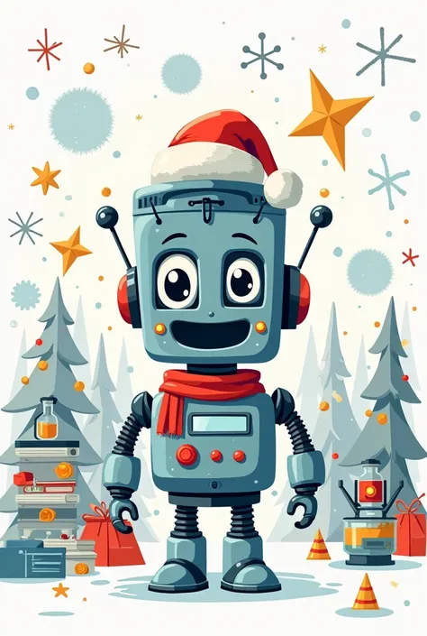 White poster for Christmas science exhibition with robot theme in simple cartoon style 