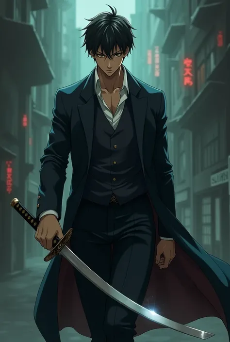  Anime Character , man, pele morena, short dark hair, wearing a suit, holding a cursed katana 