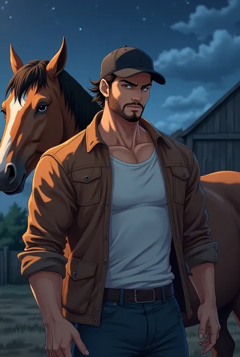 pretty anime face, with short dark brown hair, a shallow beard and dark eyes, muscular in a white shirt with a brown jacket and a black cap, outside under the night on a farm, Hair has to be very short, riding a horse,  full body image