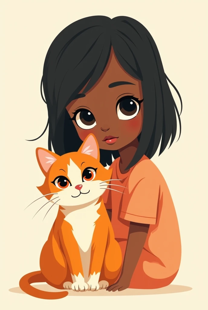 Logo for channel with a girl with dark skin straight hair a little flat with a tuxedo cat next to it orange with orange eyes 