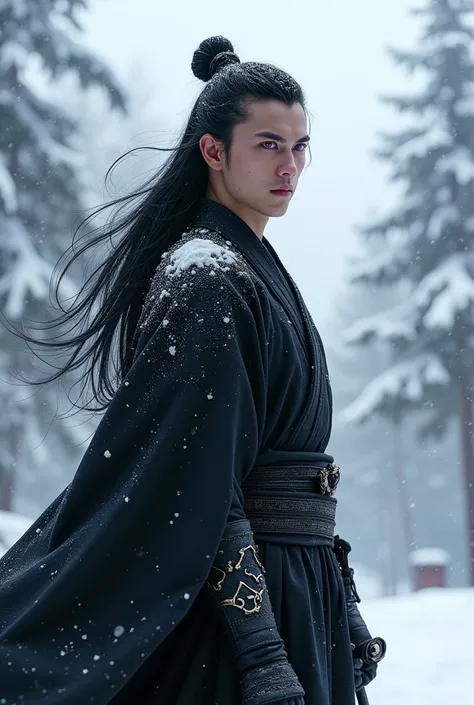 a young samurai man in black in the snow with long black hair and purple eyes seen from the side