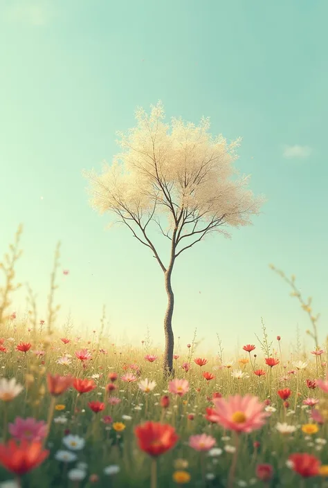 a small, faint tree surrounded by a field of flowers