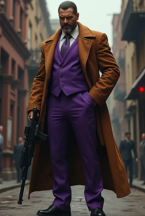 Mafiosi with a big brown coat and a purple suit and equipped with a machine gun  