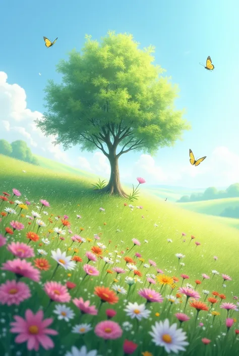 a small tree surrounded by a field of flowers