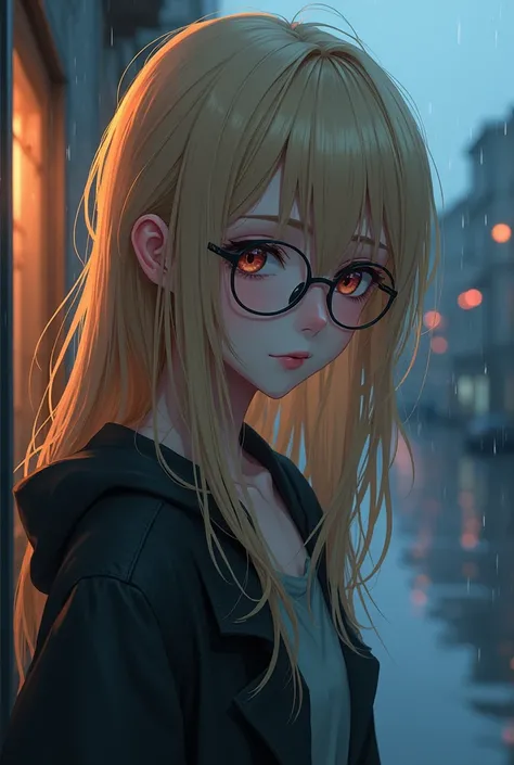 (semirealism anime) Pretty Emo girl with long, messy blonde hair, glasses, and a pouty expression, rainy background.