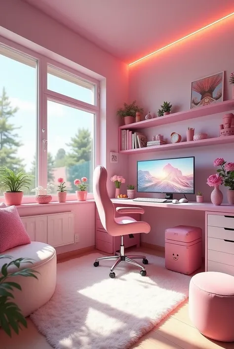  Cute-themed gamer room for girls with the color pink and white as a theme, with no one in it  (Landscape image) 