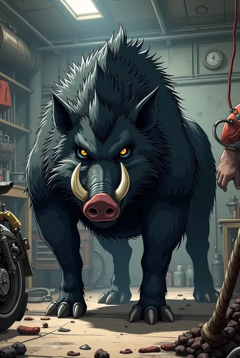 Black Boar , anime,  motorcycle repair, en un taller mecanico