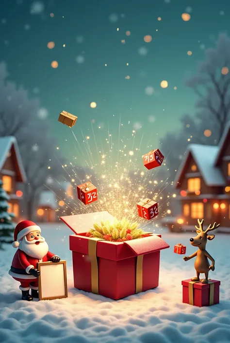 Background:

A snowy winter scene with a cozy, warmly lit Christmas village in the background.
A giant gift box in the center, partially unwrapped, with sparkles and magical light beams spilling out.
Surrounding the box are items related to your sale—like ...