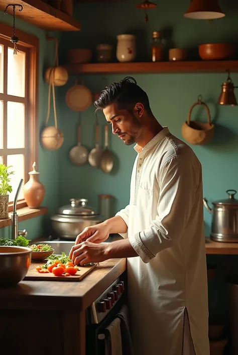 Photorealistic image of famous footballer Cristiano Ronaldo in a small Indian kitchen, wearing a simple white kurta-pajama. He is chopping vegetables on a wooden board with a focused expression. The background includes traditional Indian utensils, a gas st...