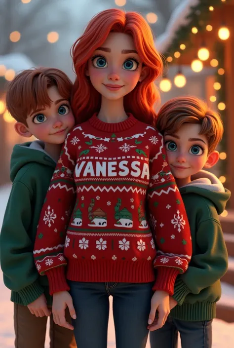  creates an image of a young woman with white skin wearing a Christmas sweatshirt with the name of VANESSA engraved on it and that is of high quality with a very nice Christmas background, The woman wears Nike sneakers and has red hair and is also accompan...