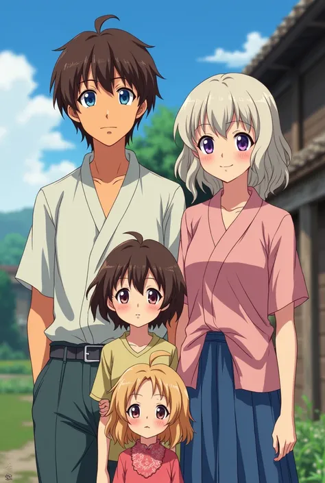 Fait une tableau cliché de cette famille de villageois avec 5 membres style anime japonais.1Le père: les cheveux bruns mi-long, légèrement bronzé, les yeux bleus, il est grand et musclé. 2La mère: les cheveux blond, blanc ou gris, mi-long et bouclé avec de...