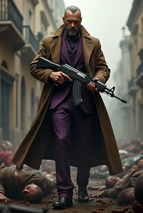 Mafia guy with a big brown coat and a purple striped suit and equipped with an AK-47 surrounded by dead bodies 