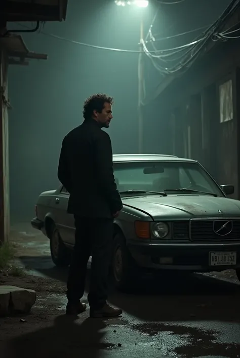 Mark Ruffalo stand look sad while look his old car damaged