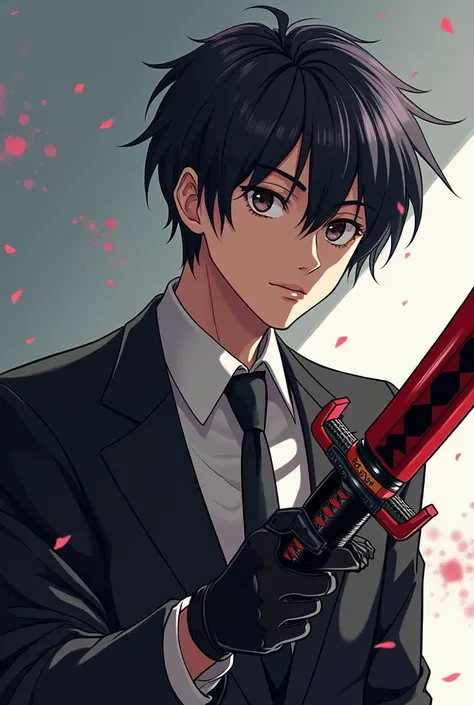  anime, cartoon, man, pele morena, hair 
Very short dark, wearing a suit, holding a cursed mechanical katana, yuugen’s style is polished, glassy, and has a very high degree of completion