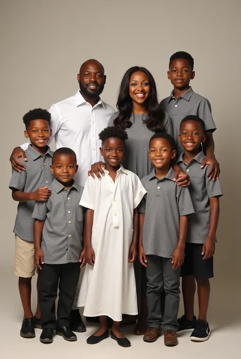 A studio photograph of  light skinned husband and wife a Nigerian family living in the US with there 8s, 7boys and a girl
