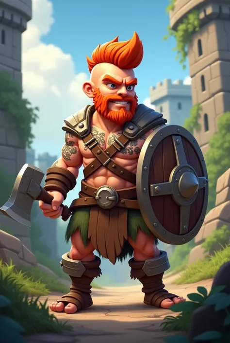 Create a character in the same character design as the Clash of clans game of a young man, redhead, with an orange quiff, shaved sides of his head holding a shield and an axe, war tattoos