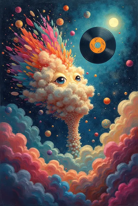  I need abstract art an explosion of colors with abstract figures a cloud with a face figure, a vinyl record in space and many squares around 3d 