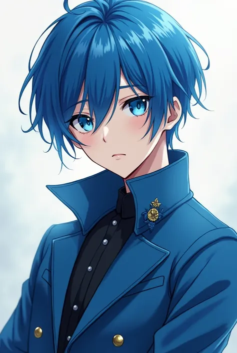 anime boy con cabello azul y ojos azules con una chaqueta azul, anime boy alto con ojos azules,  sad cerulean eyes , anime boy, handsome anime man,  male anime character ,  bright blue eyes , Young anime man, 