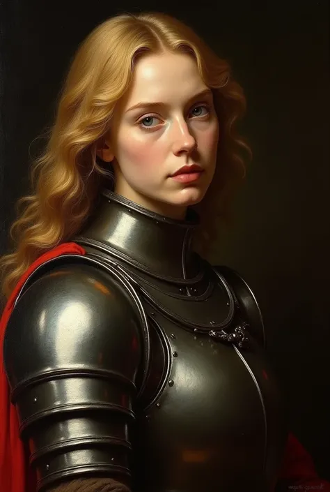 masterpiece, baroque,  high contrast, realism, dark background,  reminiscence of the painting style, blonde woman in armor, and a metal helmet with a pen ,  hair very bright ,  lots of details, old painting style , baroque,  oil painting , warm tones,  Car...