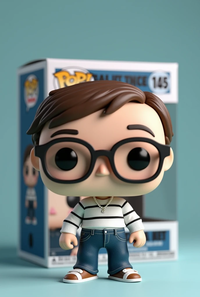 Make the image of a  funko Pop named Mateus with brown hair and a tuft, white skin, long-sleeved glasses, white striped with black lines, jeans and slippers together with its blue box