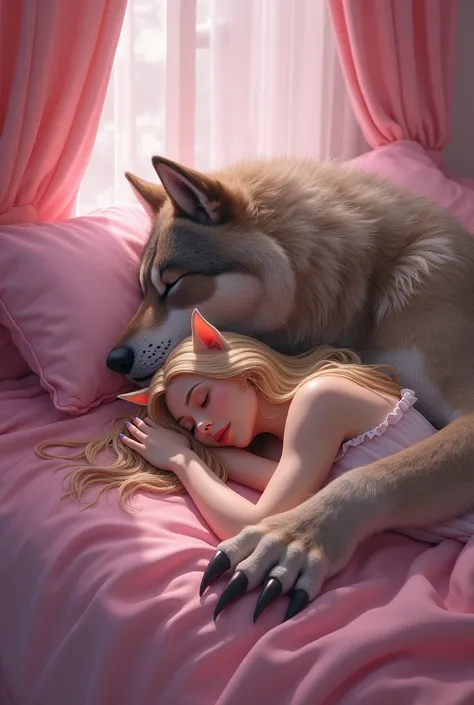 Blonde woman with cat ears sleeping on the werewolf king in a pink bed
