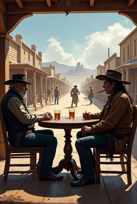 Masterpiece, Ultra-detailed, hyper realistic, a humor scene of the old Wild West, at a table on the porch of a saloon, a cowboy and a Native American chief are smoking cigar and drinking whiskey. They enjoy watching a hand combat duel on the street between...