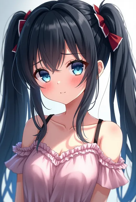 1girl, Breasts, Blush, Blue eyes, Black Hair, Twintails, Accurate, High Details, Quality, Textured Skin, Smile, Shy, 