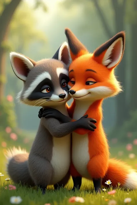 A fox and a raccoon hugging each other and they are the same size 