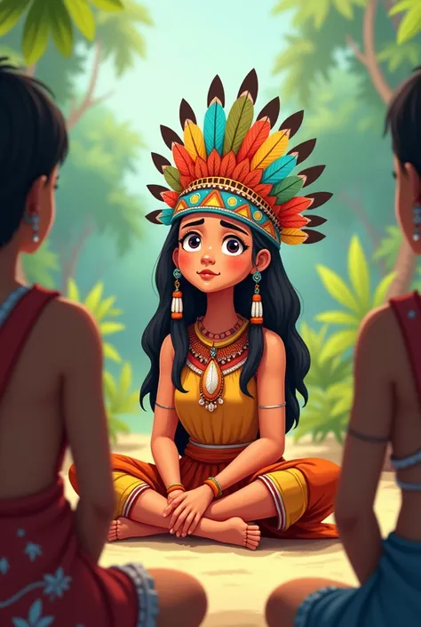 Cartoon of an indigenous woman with a headdress, dressed, Sitting in a circle with four other indigenous people