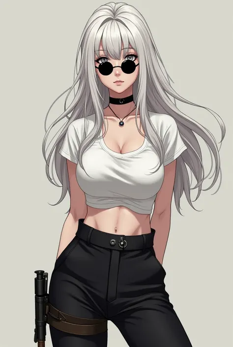 Une femme aux cheveux longs blanc et des yeux gris, portant un débardeur crop top blanc et un pantalon noir, des petites lunettes ronde noir, elle a deux pistolets accroché à ses jambes, style jujutsu kaisen.