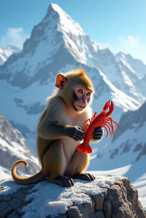 Monkey eating a lobster on the shore of Mount Everest