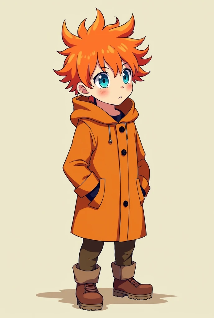 A boy with orange hair the blue eye an orange coat I feel Green a brown pants confused anime version anime version anime version 