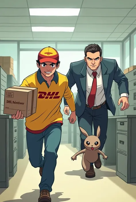 A Pokémon meme featuring a DHL worker, to be chased by the head of the office. 