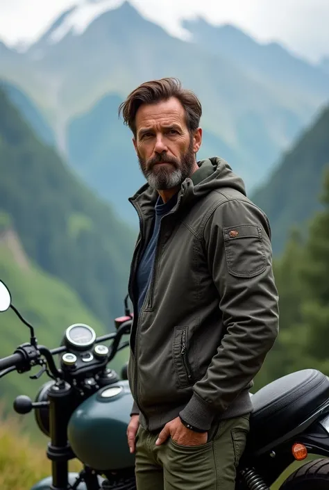  40-year-old man , brown hair, brown beard,  brown eyes , handsome, next to a motorbike ,  in the mountains ,  behind green mountainous landscape