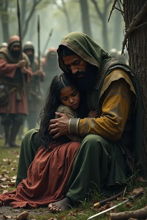 In the Middle Ages, a long-haired black girl wearing dirty maid clothes is crying on the ground and hugging the sultan. They are in the forest and soldiers are fighting around them