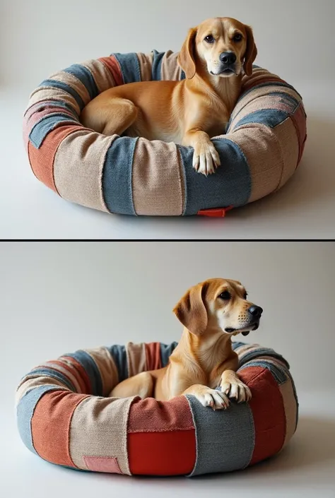  does not appear Create a prototype of a circular-shaped pet bed with a beautiful design but that it can be seen that it was made with recycled textile material , that is innovative and that the dog 