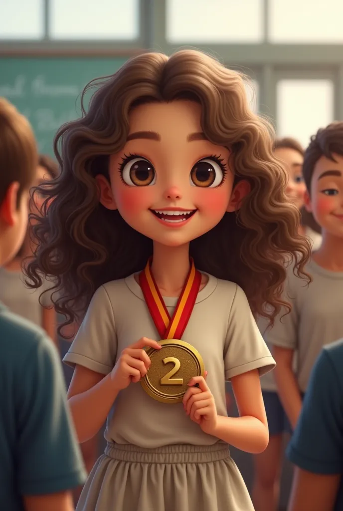 Create a  girl with curly hair and white skin receiving a second-place medal in her class