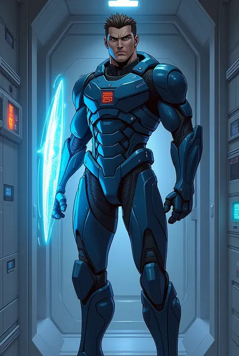  anime style . Soldier wearing mass effect , with an energy shield in front of you,  in a room of a ship .