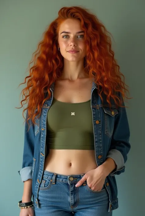  Professional Photography , realistic, taken from the front , Photo of a Brazilian woman, 18 years old,  flag she has long and curly red hair filled slightly , ela tem freckles on the face,  she has basic makeup ,  she is wearing a moss green blouse with a...