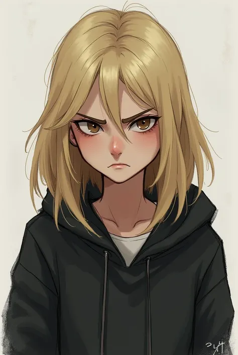  BLONDE WOMAN, neck-length hair 
And brown eyes ,  shes wearing a black sweatshirt and a hoodie and its a drawing. More angry