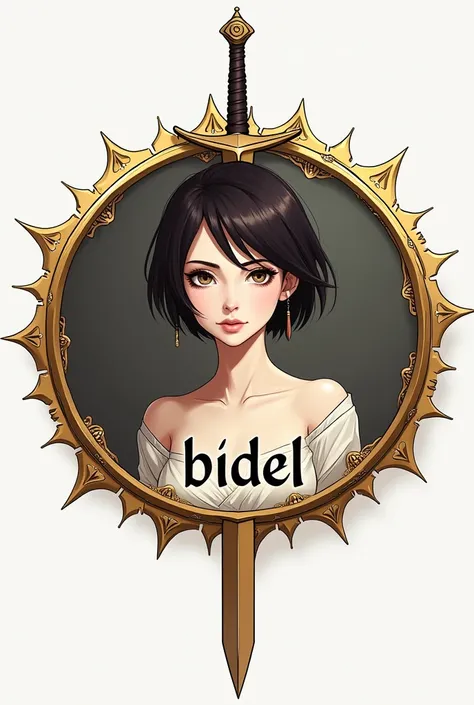 Create a circular logo of a beautiful woman with short hair and in the center that says Bbidel surrounded by golden swords
