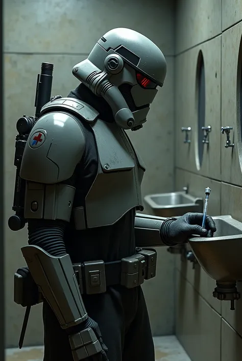 A Star Wars Starship Trooper in profile urinating in a urinal and injecting the jet correctly 