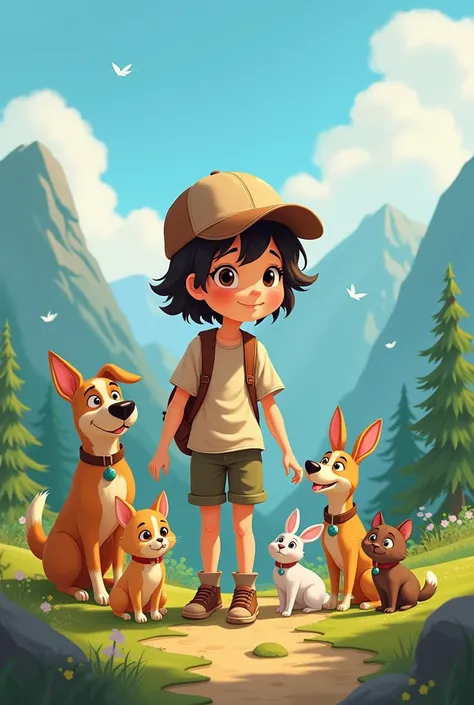 Une fille garcon manqué avec une casquette et ses 3 chiens et 2 chats et 1 lapin dans la nature avec des montagnes style disney