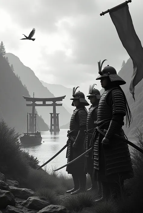 japanese_armor, samurai, watercraft, weapon, sword, mountain, multiple_boys, bird, armor, katana, outdoors, tree, flag, water, scenery, torii, boat, kabuto_(helmet), monochrome, standing, sode, ship, cloud, moon, banner, grass black dark mineral category 