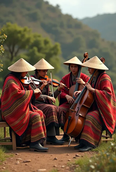 A string quartet rubbed with ruana and a peasant hat